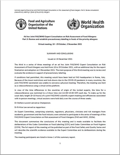 Ad hoc Joint FAO/WHO Expert Consultation on Risk Assessment of Food Allergens Part 3: Review and establish exemptions for the food allergens
