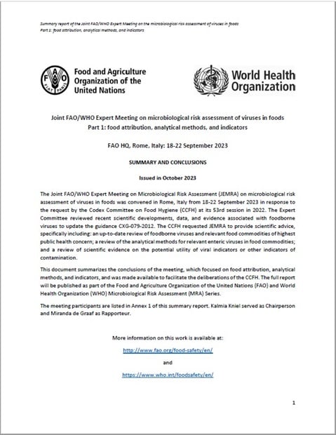 Joint FAO/WHO Expert Meeting on microbiological risk assessment of viruses in foods Part 1: food attribution, analytical methods, and indicators