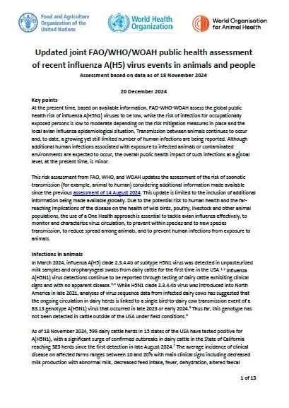 Updated joint FAO/WHO/WOAH public health assessment of recent influenza A(H5) virus events in animals and people