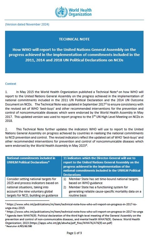 Technical Note: How WHO will report to the United Nations General Assembly on the progress achieved in the implementation of commitments included in the 2011, 2014 and 2018 UN Political Declarations on NCDs